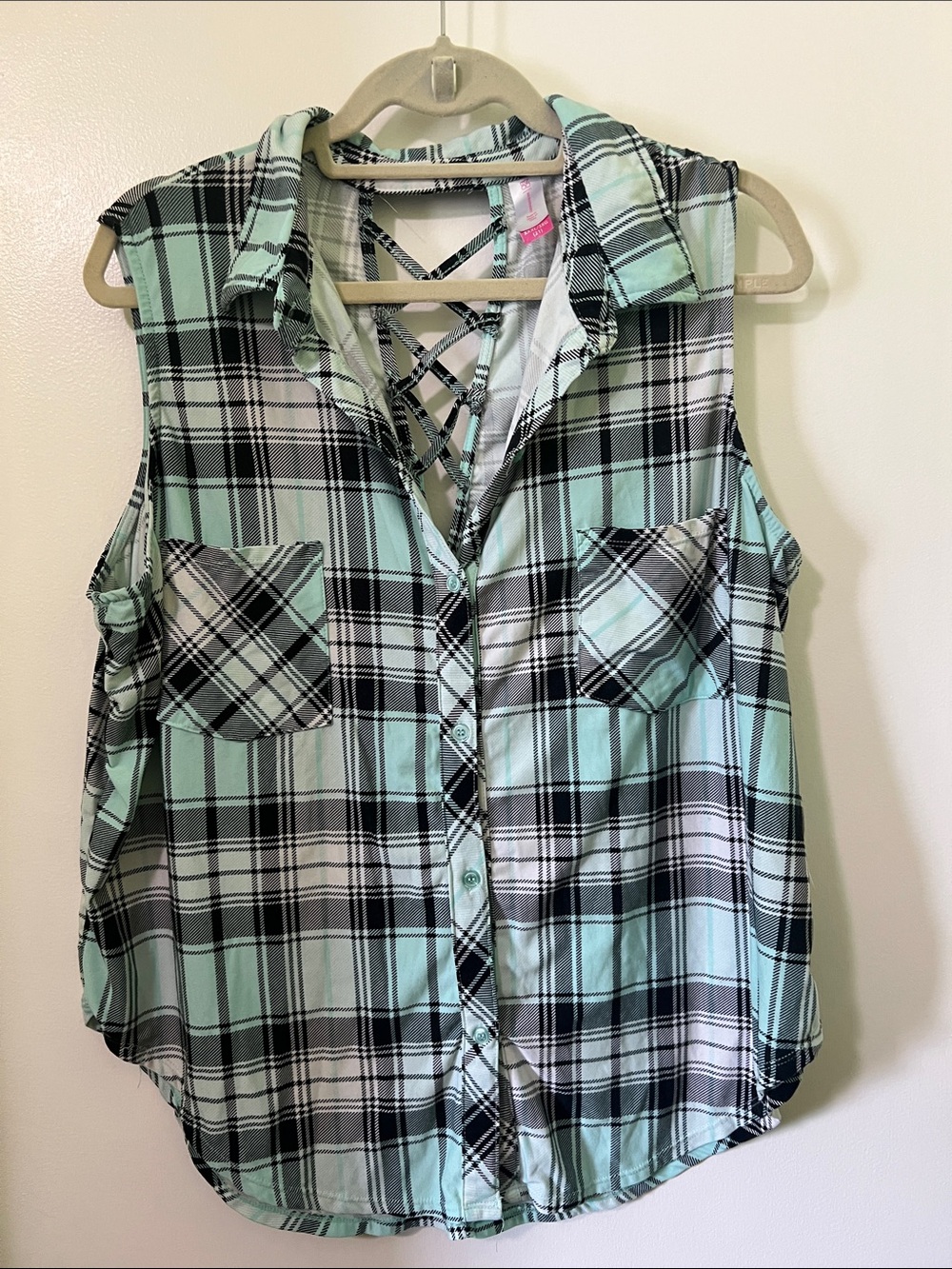 NO BOUNDRIES Sleeveless Plaid Button-Front Top - Mint/Black